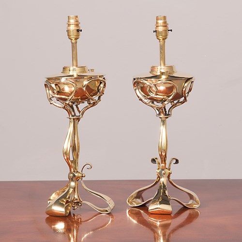 Pair Of Benson Style Brass Lamps