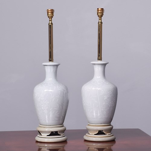Tall Pair Of Celadon Lamps