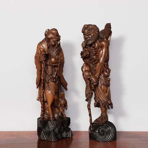 Pair Of Very Tall Japanese Meji Period Hardwood Carvings