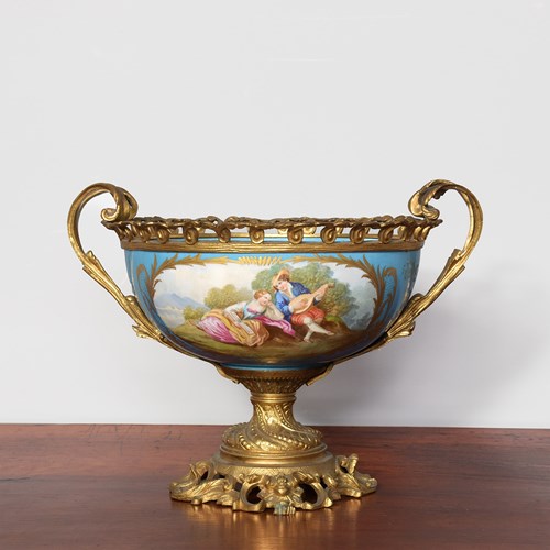 French Hand-Painted, Sevres-Style Ormolu-Mounted Centre Porcelain Bowl
