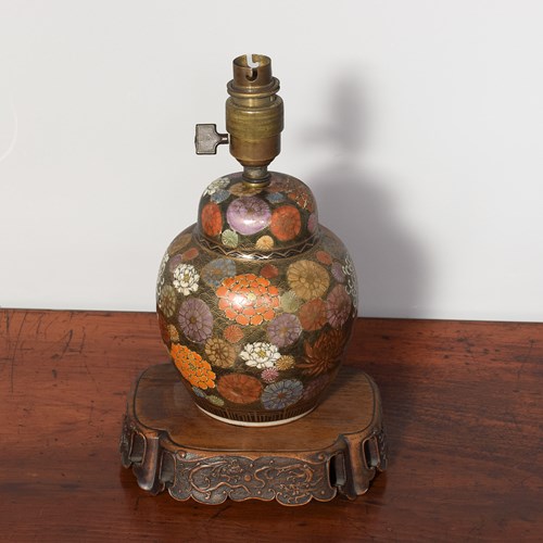 Quality Vintage Decorative Satsuma Vase Lamp On A Low Carved Wooden Stand