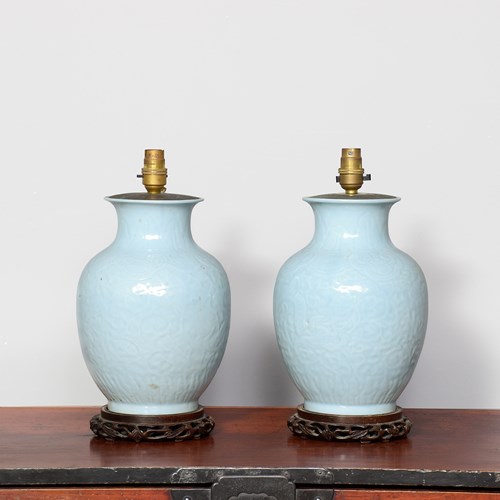 Pair Of Japanese Celadon Glazed Porcelain Lamps