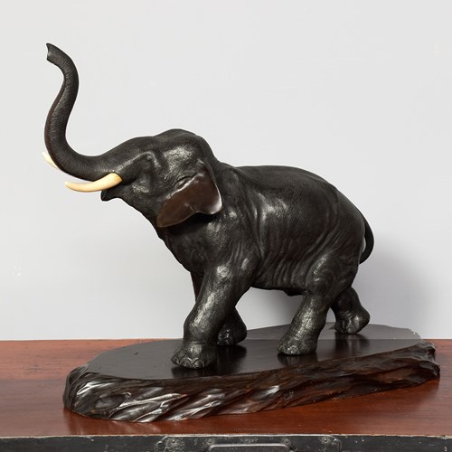 Japanese Bronze Elephant With Ivory Tusks On Naturalistic Base 