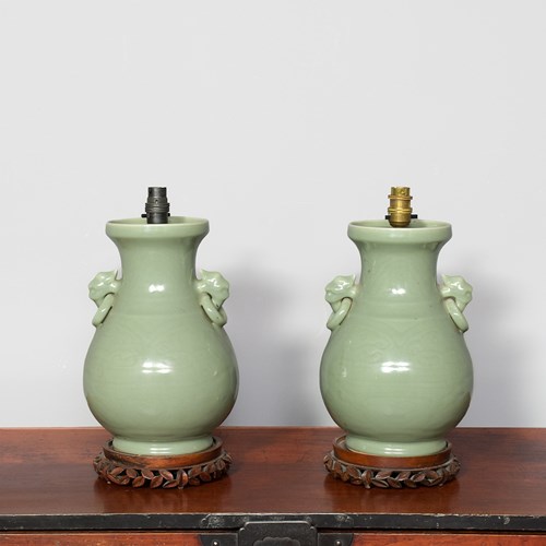 Pair Of Japanese Twin-Handled Celadon Glazed Porcelain Lamps