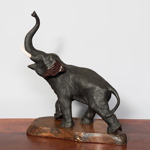 Japanese Bronze Elephant With Ivory Tusks And Diamond Eyes