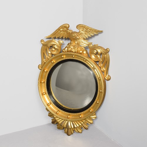 Regency-Style Giltwood Convex Wall Mirror Surmounted By A Carved Eagle