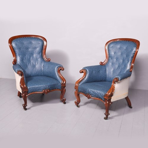 Impressive Pair Of Large Carved Mahogany William IV Armchairs 