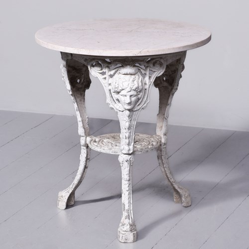 Late Victorian Circular Cast Iron Pub Table With White Marble Top