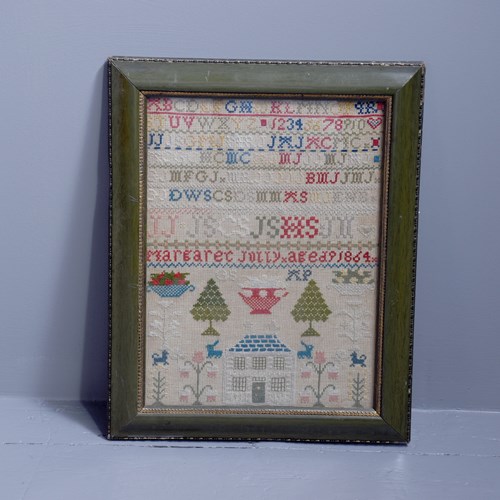 Victorian Framed Wool-Work Embroidered Sampler Retaining A Good Colour