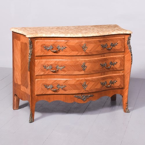 Circa 1920 French Serpentine-Front Marble-Top Kingwood And Walnut Commode