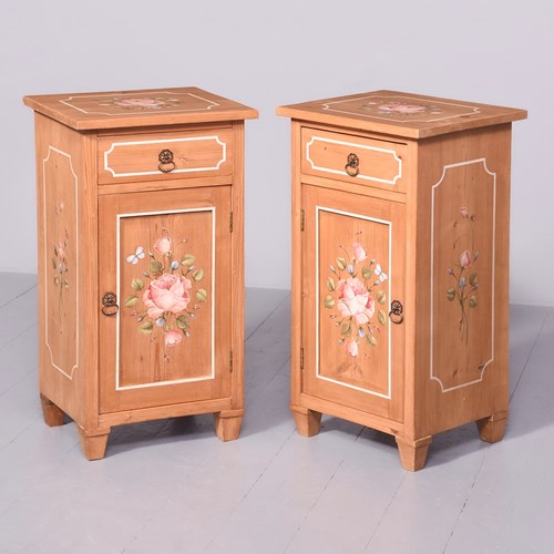 Pair Of North European Floral Decorated Pine Bedside Lockers