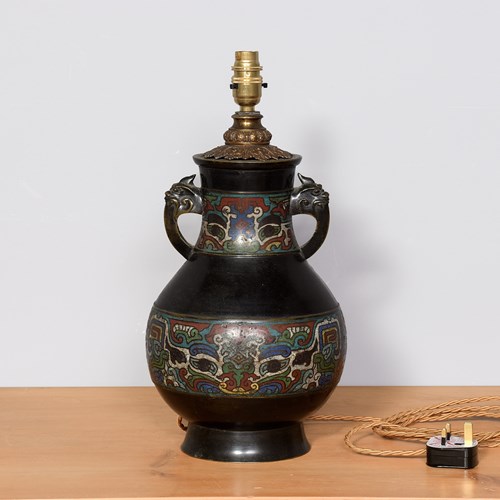 Antique Japanese Bronze And Champlevé (Enamel Inlaid) Vase Converted To A Lamp