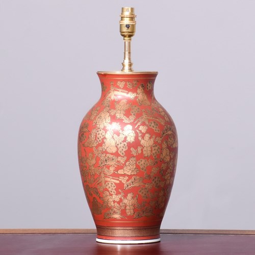 Hand-Painted Gilt-Decorated, Dark Red Japanese Porcelain Vase Converted To A Lam