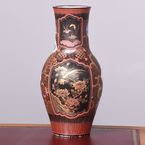 Tall Japanese Bulbous Vase With Unusual Geometric Inset Panels 