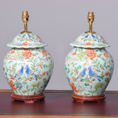 Pair Of Chinese Canton Style Lamps With A Pale Green Background