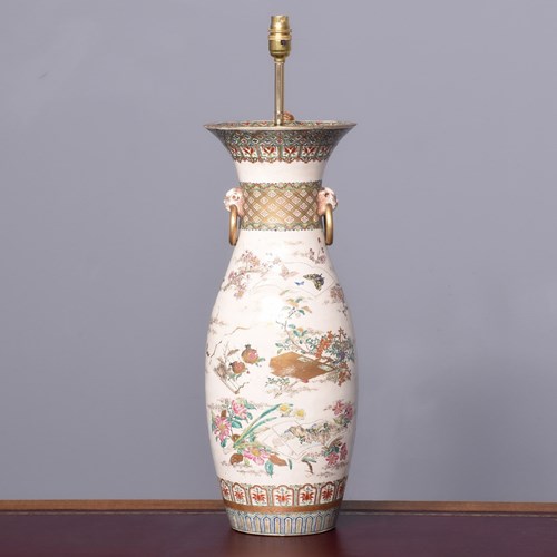 Tall Japanese 19Th Century Hand-Painted Satsuma Vase Converted To Lamp