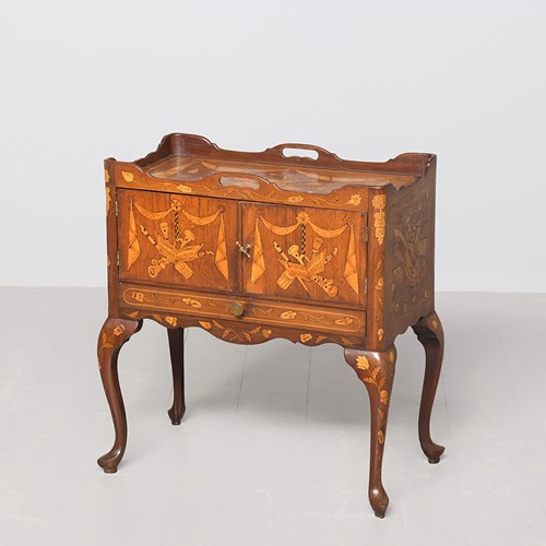 Small, Dutch Marquetry Inlaid Mahogany Free-Standing Cabinet/Tray-Top Table