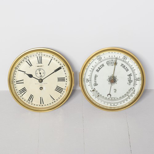 Pair Of Ship’S Bulkhead Clock & Barometer
