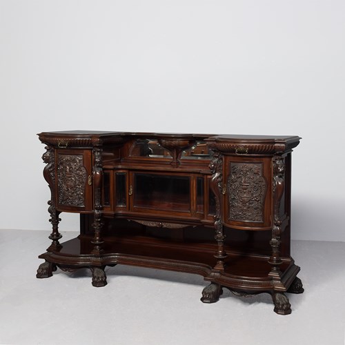 Magnificent Late Victorian Carved Mahogany Cabinet With Mirror-Back And Cupboard