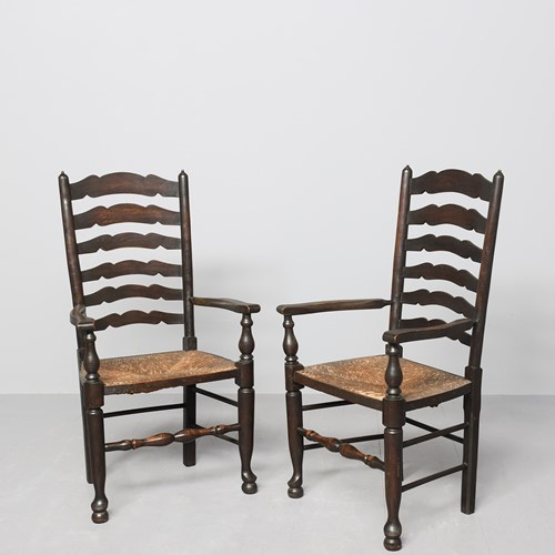 Pair Of Stained Elm Ladder-Back Armchairs