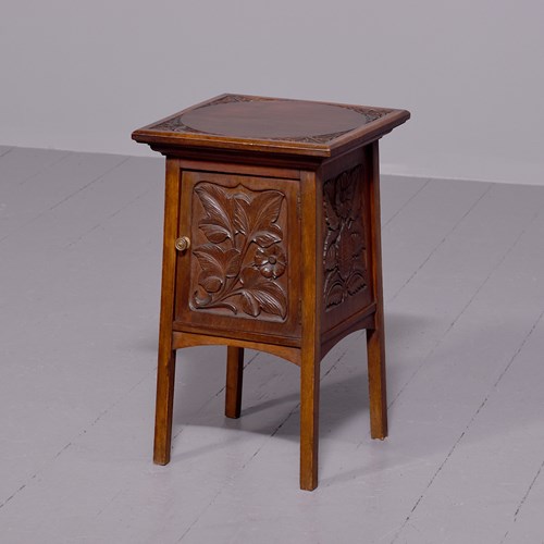 Arts And Crafts Neat-Size Mahogany Carved Side Table With Cupboard