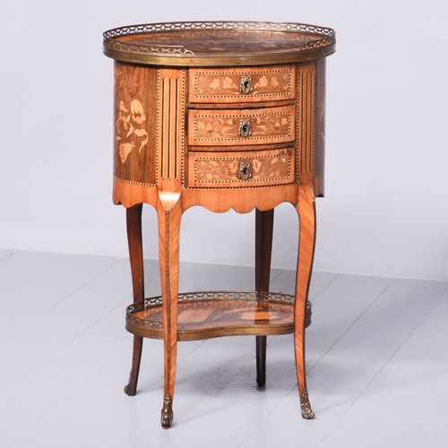 French Marquetry Inlaid Oval Side Table With Brass Gallery