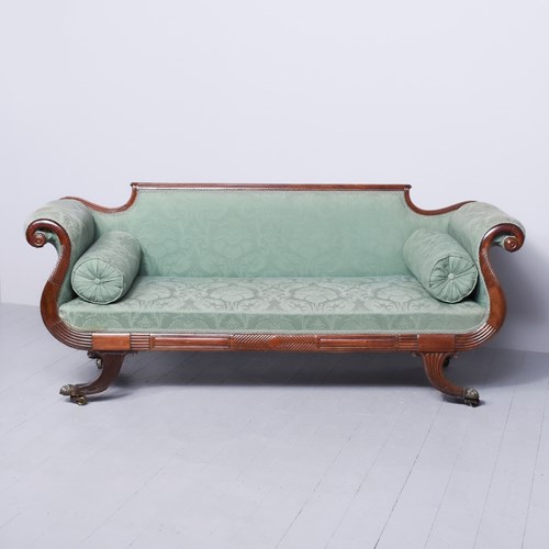Exceptional Quality Large Mahogany Regency Sofa In Green Upholstery
