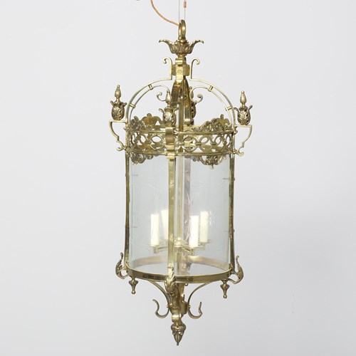 Large Circular Brass And Engraved Glass Hanging Lantern