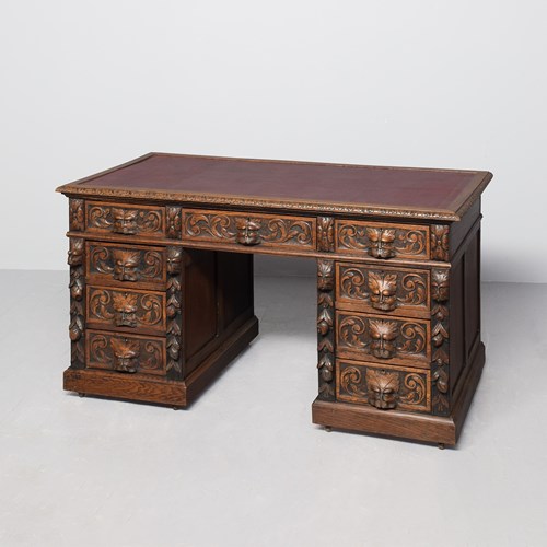 Large Victorian, One-Piece Carved-Oak Flemish Kneehole Writing Desk