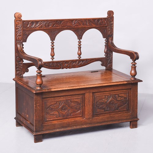 Victorian Jacobean Style Carved Oak Box Settle Or Hall Bench