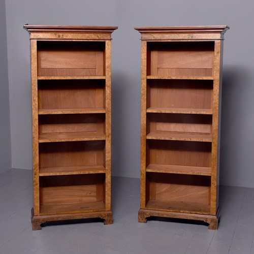 Pair Of Victorian Burr Walnut Tall Open Bookcases With Adjustable Shelves