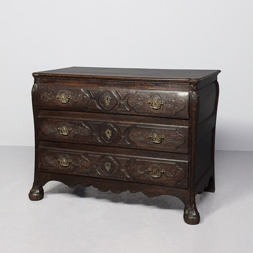 Rustic, French (Normandy Area) Carved Oak 3-Drawer Commode