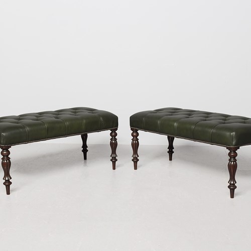 Large, Early Victorian Mahogany-Framed, Green Buttoned Leather Bench/Stool. 