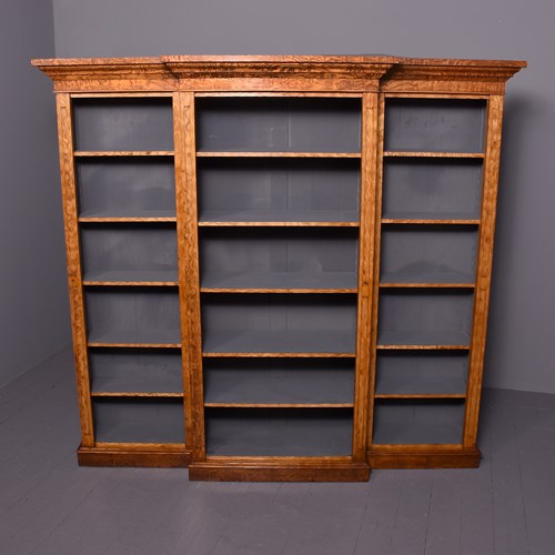 Mid Victorian Tall, Figured Golden Elm Breakfront, 3-Section Open Bookcase 