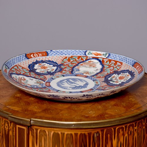 Large Imari Charger Decorated In Typical Imari Dark Blue And Rust Red Colours 