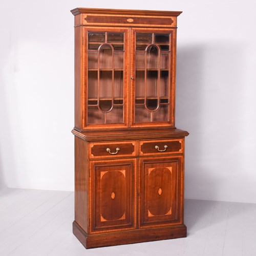 Outstanding Quality Edwardian Sheraton-Style Inlaid Mahogany Cabinet Bookcase, P