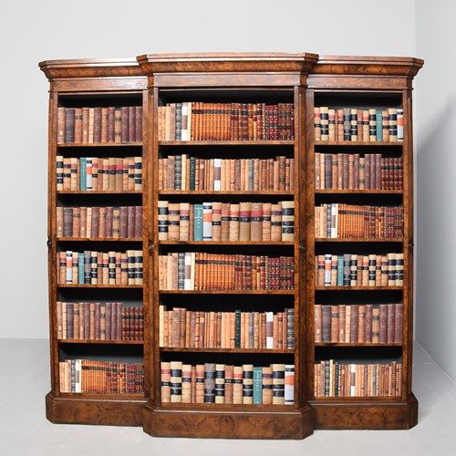Quality Early Victorian, 3-Section, Breakfront Burr Walnut Open Bookcase