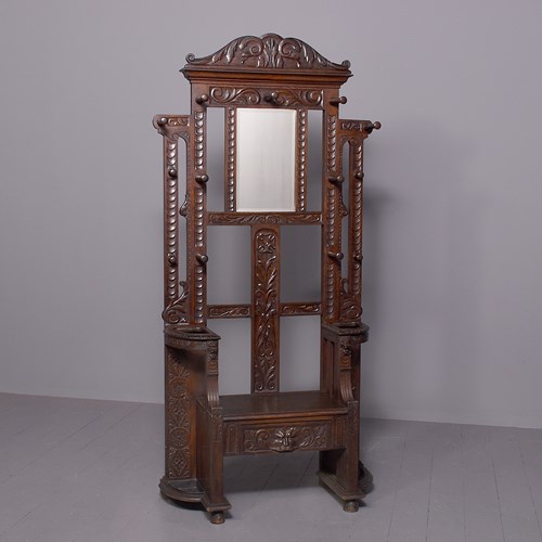Attractive Flemish Carved Oak Hallstand / Hall Bench