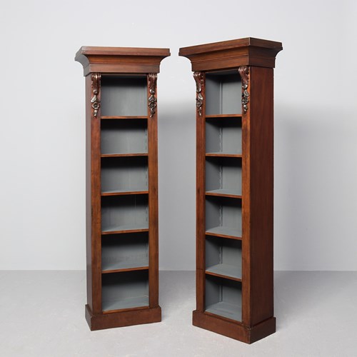 Pair Of Mid Victorian Slim, Tall Open Bookcases With 5 Adjustable Shelves