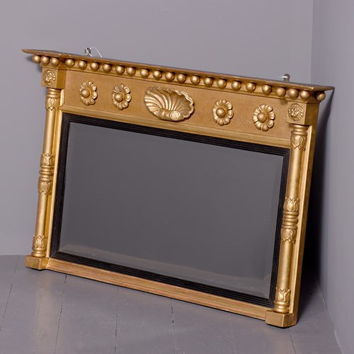 Neat-Sized Regency Giltwood Rectangular Bevelled-Edge Overmantel Mirror