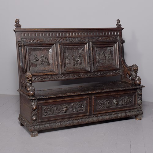Large Triple Back Carved Monk’S Bench