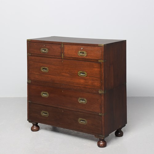 Quality Mid-Victorian Two-Part Brass-Bound Teak Military Trunk
