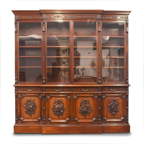 4 Door Profusely Carved Mahogany Bookcase