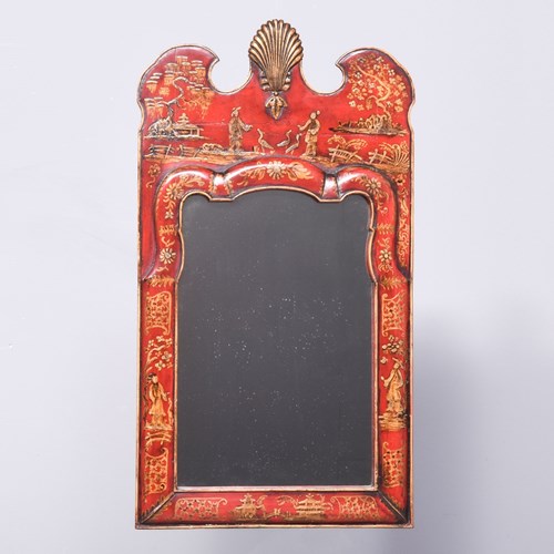 Early Georgian Style Red Lacquered Wall Mirror In The Chinoiserie Style