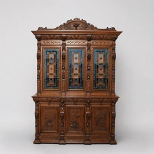 Carved Oak And Stained Leaded Glass...