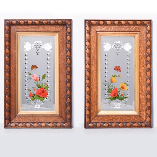 Pair Of Victorian Painted & Etched Oak Framed Mirrors