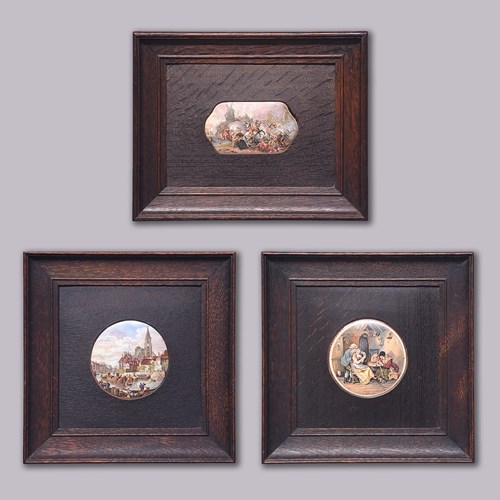 3 Oak Framed Painted Pottery Lids
