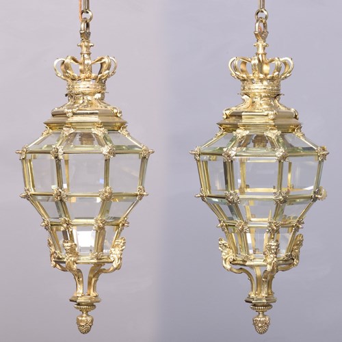 Large Pair Of Hexagonal & Faceted Ormolu Lanterns