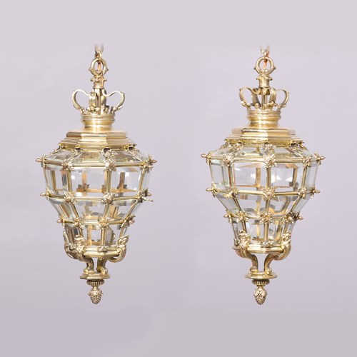 Neat Pair Of Hexagonal & Faceted Ormolu Lanterns