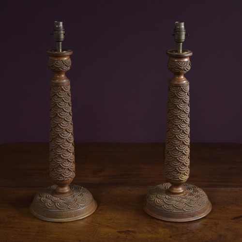 Pair Fishscale Hardwood Lamps